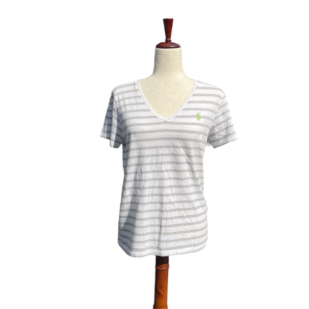 Ralph Lauren Sport grey, white stripe V neck Tee Shirt 100% Pima cotton Large - Picture 2 of 12